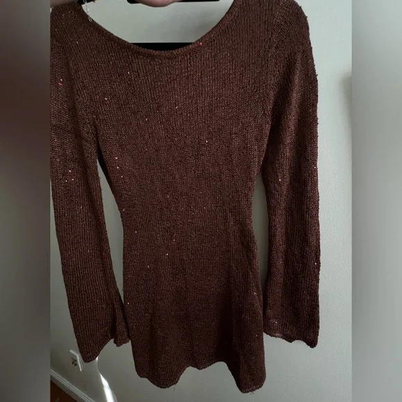 Asta resort Maya Sleeve Mini Dress - Chocolate Sequin Brown One-Shoulder Dress - Picture 6 of 8